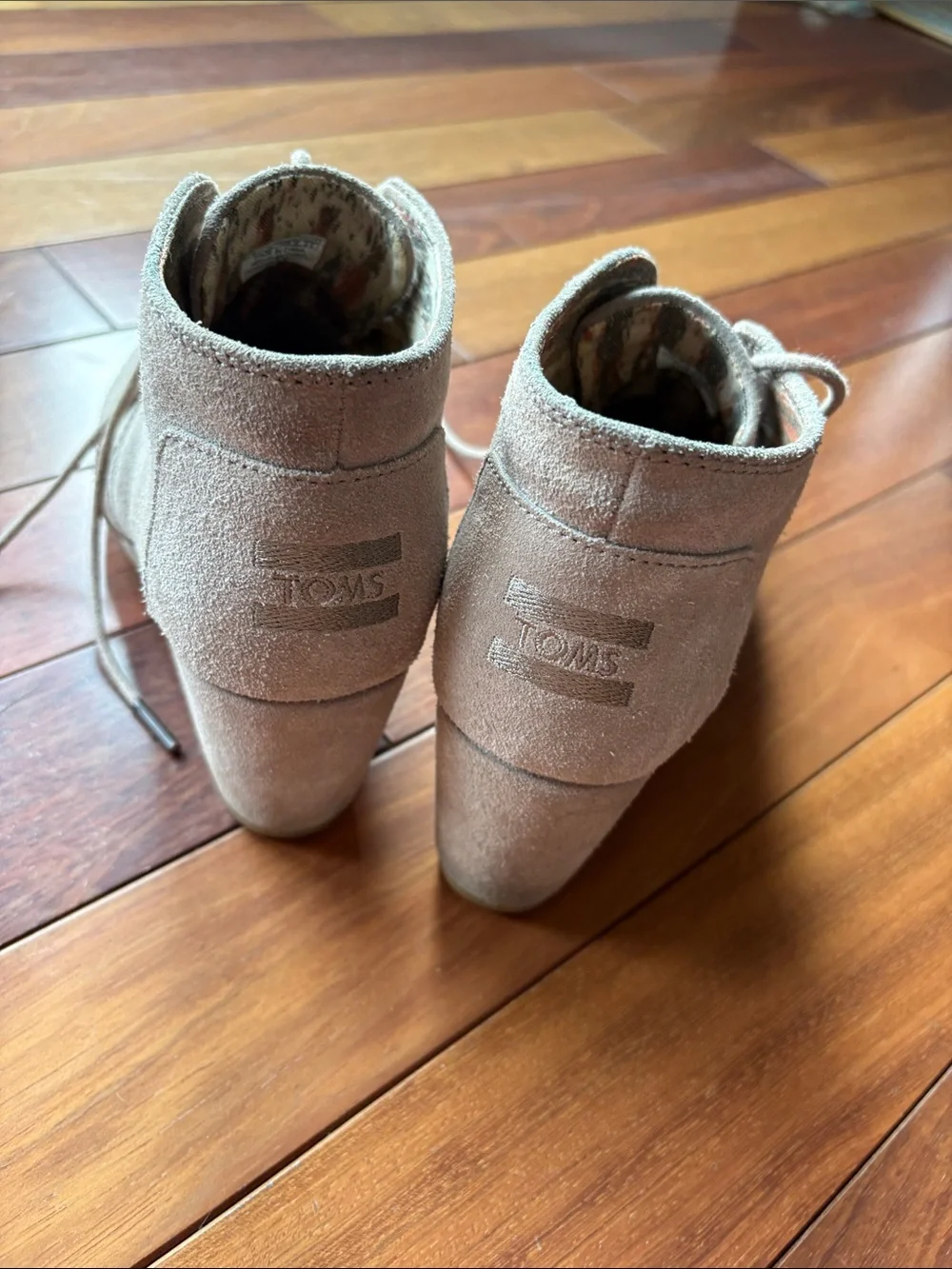 Toms Taupe Suede Lace-Up Wedge Booties